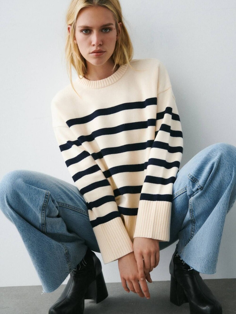 NEW Zara Striped Chunky Crewneck Sweater Cream Navy S Parisian Preppy